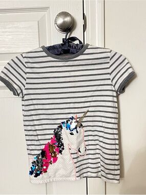 Mini Boden White & Gray Striped Unicorn Sequin Tee